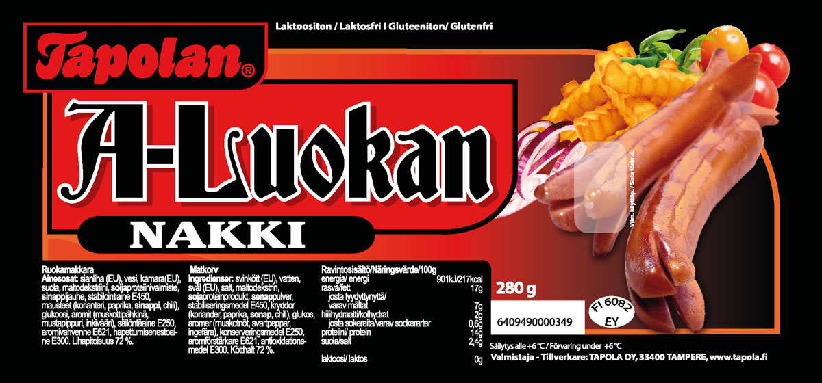The Ruuti Oy suunnittelema Tapolan A-Luokan nakki etiketti, jossa kaksi nauravaa nakkia, punasipulirenkaita, ranskanperunoita, tomaattia ja salaatinlehteä annoskuvana sekä taustavärinä musta kehys mustapunaisella annoskuvan taustan liukuvärjäyksellä.