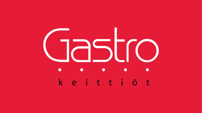 Gastro keittiöt logo punaisella taustalla ja valkoisella gastro tekstillä ja mustalla keittiöt tekstillä.