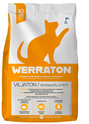 The Ruuti oy suunnittelema Rovio Pet foods Werraton viljaton pakkaus, jossa valkokeltainen tausta jonka keskitasossa istuu keltainen silhuetti kissa pakkauksen puolivälissä ja alaosan keltaisen pohjavärin tekstit valkoisella sekä yläosan valkoisessa pohjassa tekstit keltaisella.
