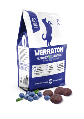 The Ruuti oy suunnittelema Rovio Pet foods Werraton mustikka koiranruokapakkaus, jossa valko- tummansinisellä tausta jonka keskitasossa sininen takatassuilla seisoo silhuetti koira pakkauksen puolivälissä ja alaosan tumman sinisen pohjavärin tekstit valkoisella sekä yläosan valkoisessa pohjassa tekstit tumman sinisellä.