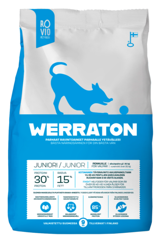 The Ruuti oy suunnittelema Rovio Pet foods Werraton Juniori koiranruokapakkaus, jossa valkosinisellä tausta jonka keskitasossa pallolla leikkivä koiran silhuetti puolivälissä ja alaosan sinisen pohjavärin tekstit valkoisella sekä yläosan valkoisessa pohjassa tekstit sinisellä.