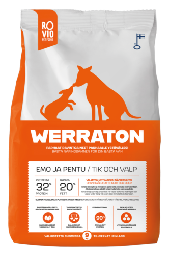 The Ruuti oy suunnittelema Rovio Pet foods WerratonEmo ja Pentu koiranruokapakkaus, jossa valkooranssi tausta, jonka keskitasossa emo ja pentukoirat silhuettina pakkauksen puolivälissä ja alaosan oranssin pohjavärin tekstit valkoisella sekä yläosan valkoisessa pohjassa tekstit oranssilla.