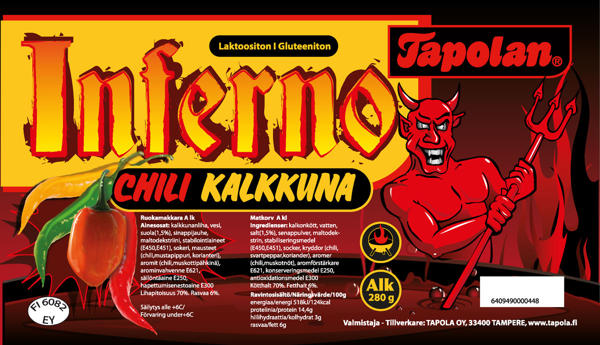 The Ruuti Oy suunnittelema Tapolan Inferno Chili Kalkkuna etiketti, jossa punainen piru sekoittaa tulista keitosta ja kuvassa paprikat etiketin punamustalla liekki taustakuvalla.