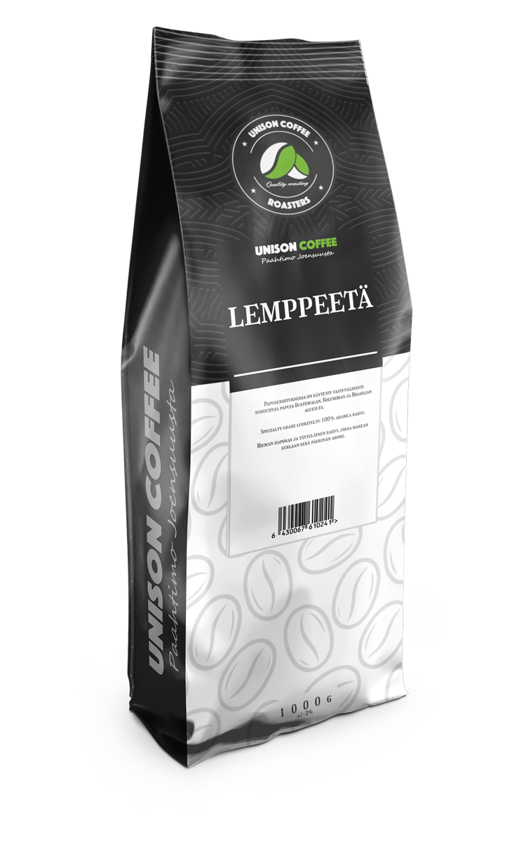 The Ruuti Oy suunnittelema Unison coffee Lemppeetä kahvipakkaus, jossa sivuilla hiilen musta taustaväri jossa vaaleammalla harmaalla unison coffee tekstilogo pystyssä ja pakkauksen face mustavalkoinen, jossa villalankarulla kuviointi mustalla ja mustavalkoinen suorakaiteen mallinen alue missä lukee Lemppeetä valkoisella jonka yläpuolella unison coffee logo.