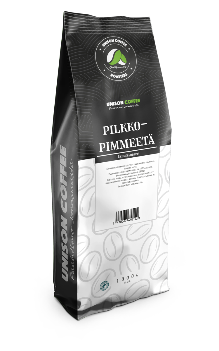 The Ruuti Oy suunnittelema Unison coffee Pilkkopimmeetä kahvipakkaus, jossa sivuilla hiilen musta taustaväri jossa vaaleammalla harmaalla unison coffee tekstilogo pystyssä ja pakkauksen face mustavalkoinen, jossa villalankarulla kuviointi mustalla ja mustavalkoinen suorakaiteen mallinen alue missä lukee pilkkopimmeetä valkoisella jonka yläpuolella unison coffee logo.