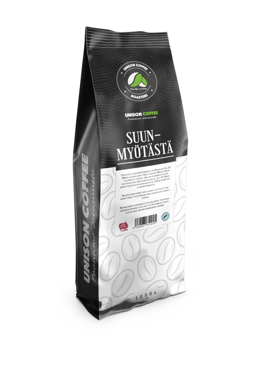 The Ruuti Oy suunnittelema Unison cofee Suunmyötästä kahvipakkaus, jossa sivuilla hiilen musta taustaväri jossa vaaleammalla harmaalla unison coffee tekstilogo pystyssä ja pakkauksen face mustavalkoinen, jossa villalankarulla kuviointi mustalla ja mustavalkoinen suorakaiteen mallinen alue missä lukee Suunmyötästä valkoisella jonka yläpuolella unison coffee logo.