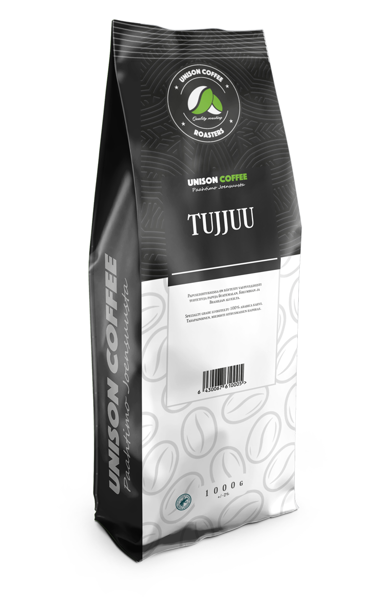 The Ruuti Oy suunnittelema Unison coffee Tujjuu kahvipakkaus, jossa sivuilla hiilen musta taustaväri jossa vaaleammalla harmaalla unison coffee tekstilogo pystyssä ja pakkauksen face mustavalkoinen, jossa villalankarulla kuviointi mustalla ja mustavalkoinen suorakaiteen mallinen alue missä lukee tujjuu valkoisella jonka yläpuolella unison coffee logo.