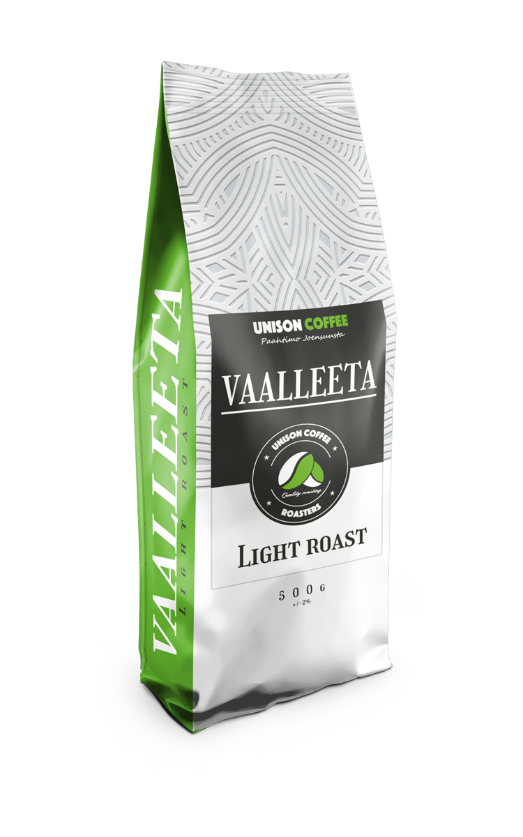 The Ruuti oy suunnittelema Unison coffee vaalleeta kahvipakkaus, jossa sivuilla vihreä taustaväri jossa valkoisella vaalleeta teksti ja pakkauksen face valkoinen, jossa kolmiokuviointi vaalean harmaalla ja musta suorakaiteen mallinen alue missä lukee vaalleeta valkoisella jonka alla unison coffee logo.