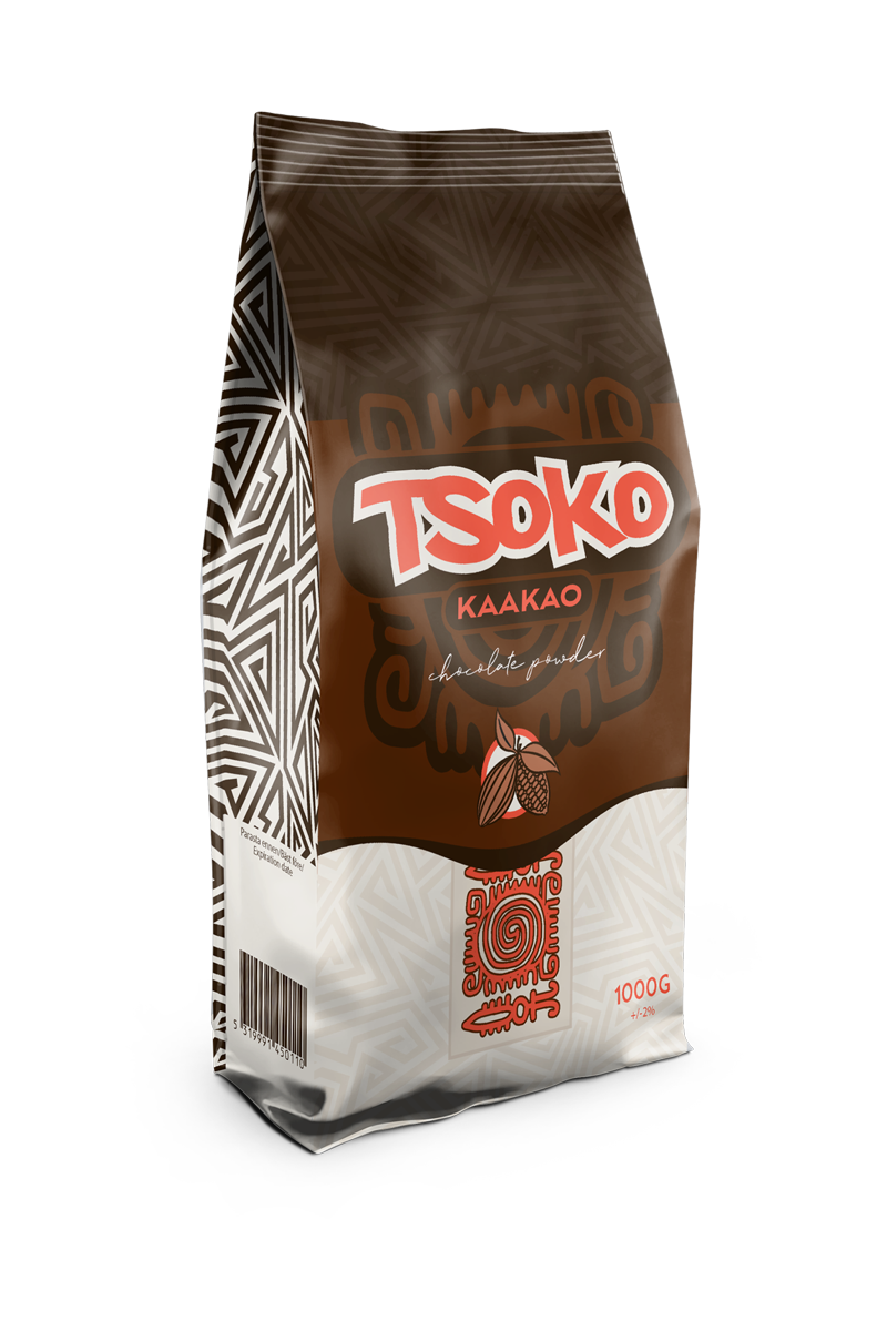 The Ruuti oy suunnittelema Tsoko kaakao pakkaus, jossa sivuilla valkoruskea kolmiokuvio ja pakkauksen face tumma ruskea valkoinen, taustaväri, jossa kolmiokuviointi ja kuviointia maya tyyliin oranssivalkoisella tsoko tekstillä.
