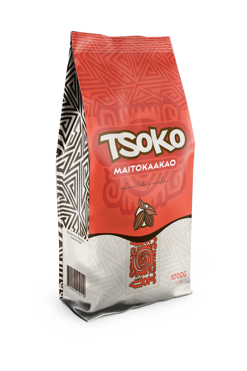 The Ruuti oy suunnittelema Tsoko maitokaakao pakkaus, jossa sivuilla valkoruskea kolmiokuvio ja pakkauksen face oranssi valkoinen, jossa kolmiokuviointi ja kuviointia maya tyyliin tsoko teksti ruskeaoranssilla.