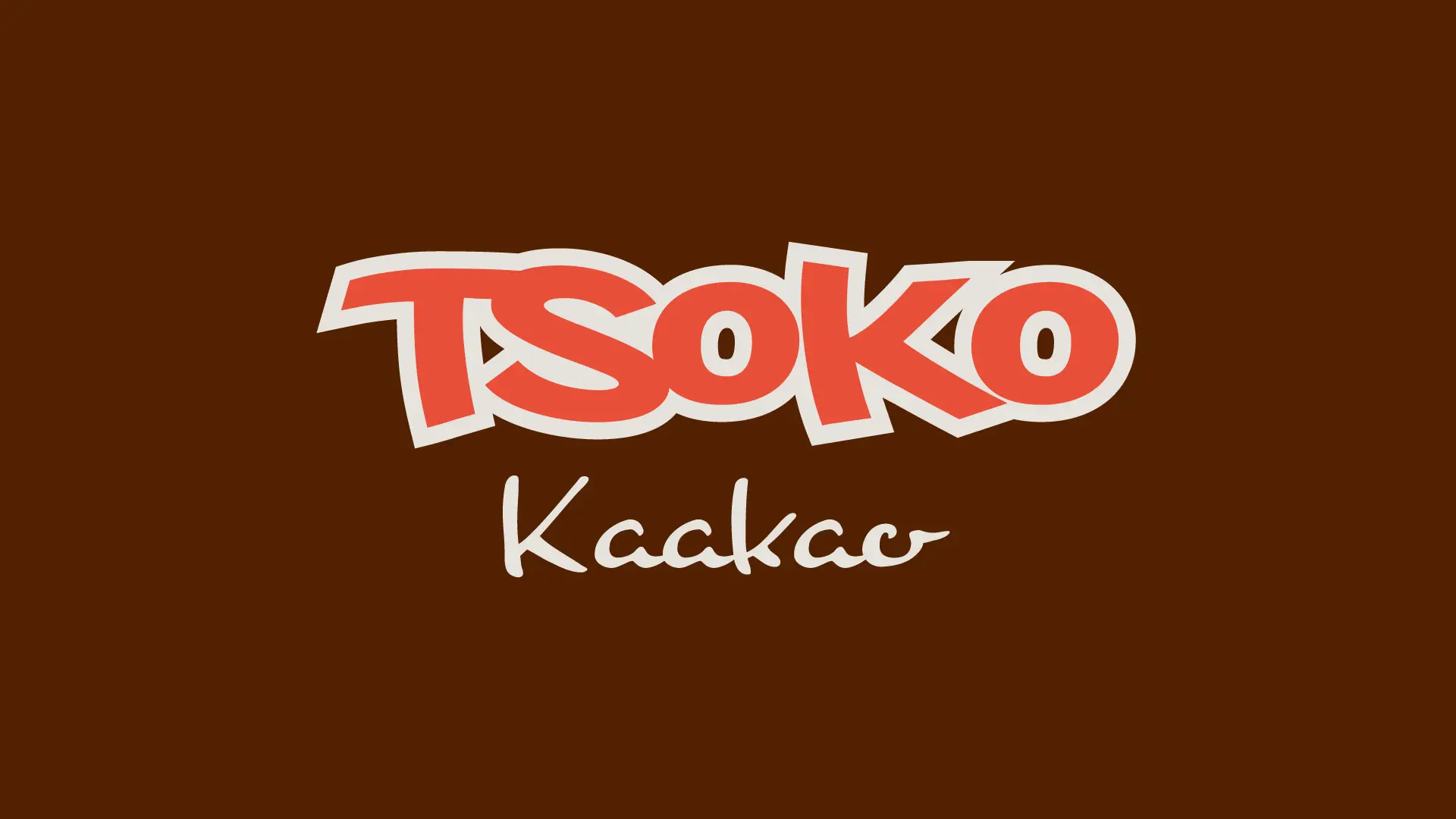 the ruuti oy tekemä tsoko logo ja värimääritykset unison coffee tsoko kaakao brändille, jossa ruskea tausta, vaalea kanamunan valkoinen tekstin ääriviiva ja oranssi sisus.