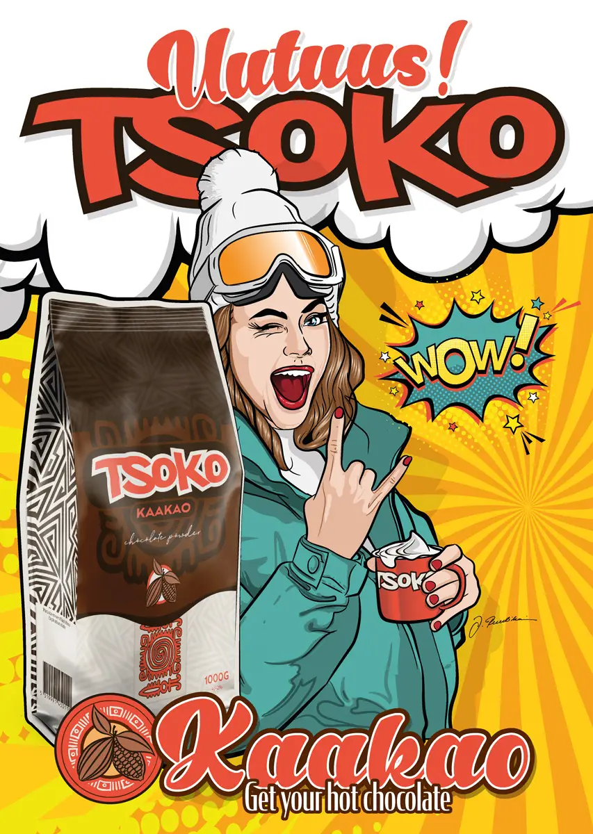 The Ruuti print mainonnan julistekuva uutuus tsoko kaakao, jossa kaakaopakkaus ja laskittelija mimmi.